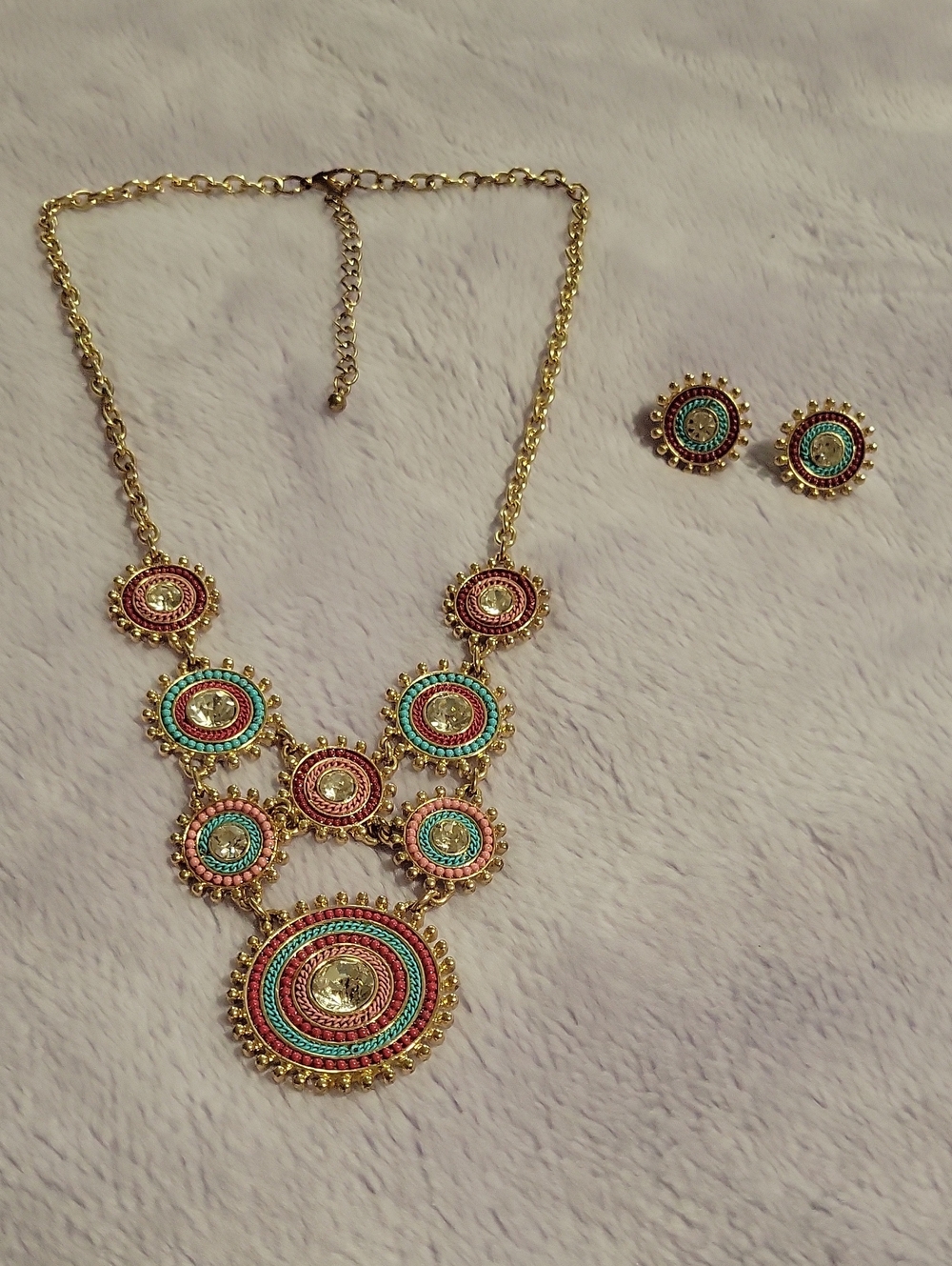 Source Unknown Gold-Tone Necklace & Earring Set with Pink and Turquoise Accents
